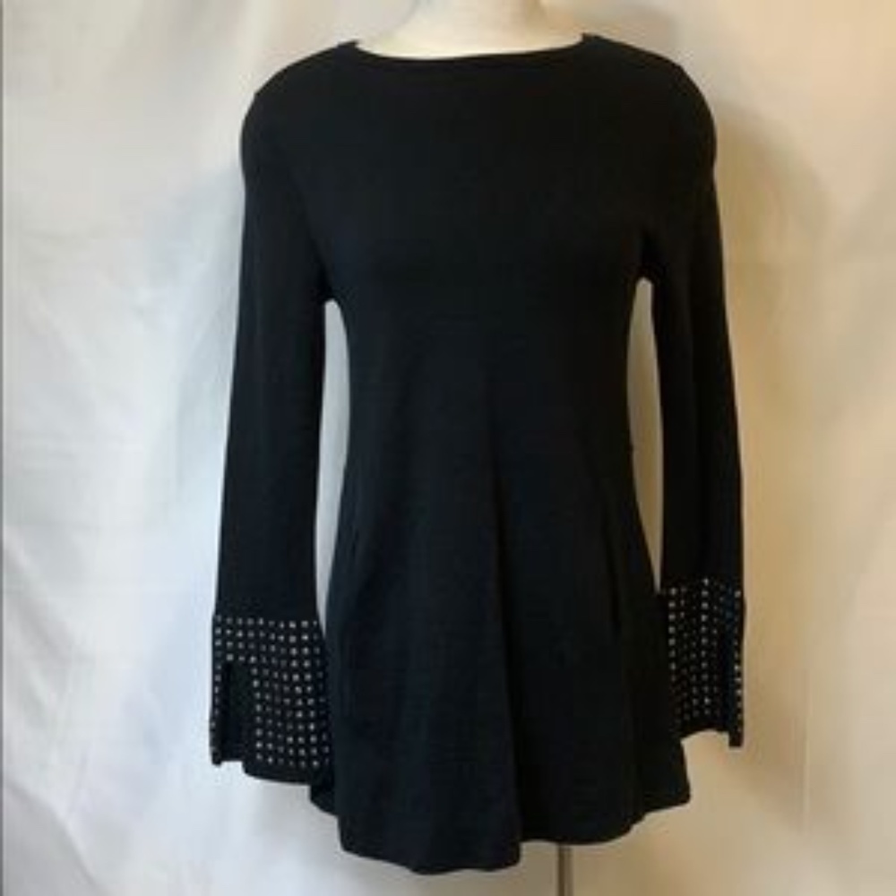 HP: NIC+ZOE | Black Studded Sleeve Flared Cuffs Pocket Stretch Zip Top Sweater M - Picture 2 of 12